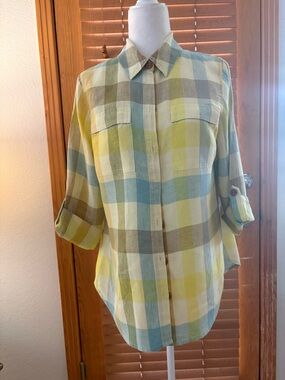 Soft Surroundings Yellow, Blue and Brown Plaid Button-Up Linen Blouse